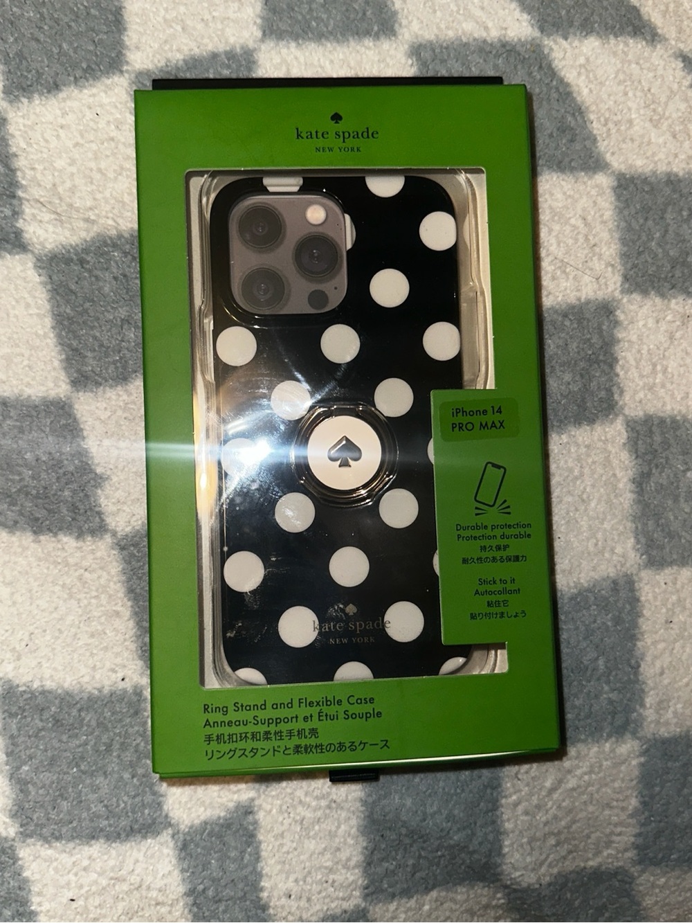 Kate Spade Black & White Polka Dot iPhone 14 Pro Max Case with Ring Stand